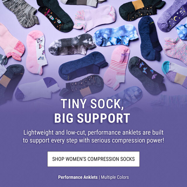 Tiny Sock, Big Support. Lightweight and low-cut, performance anklets are built to support every step with serious compression power! Shop women's Compression Socks. Performance Anklets | Multiple Colors. 