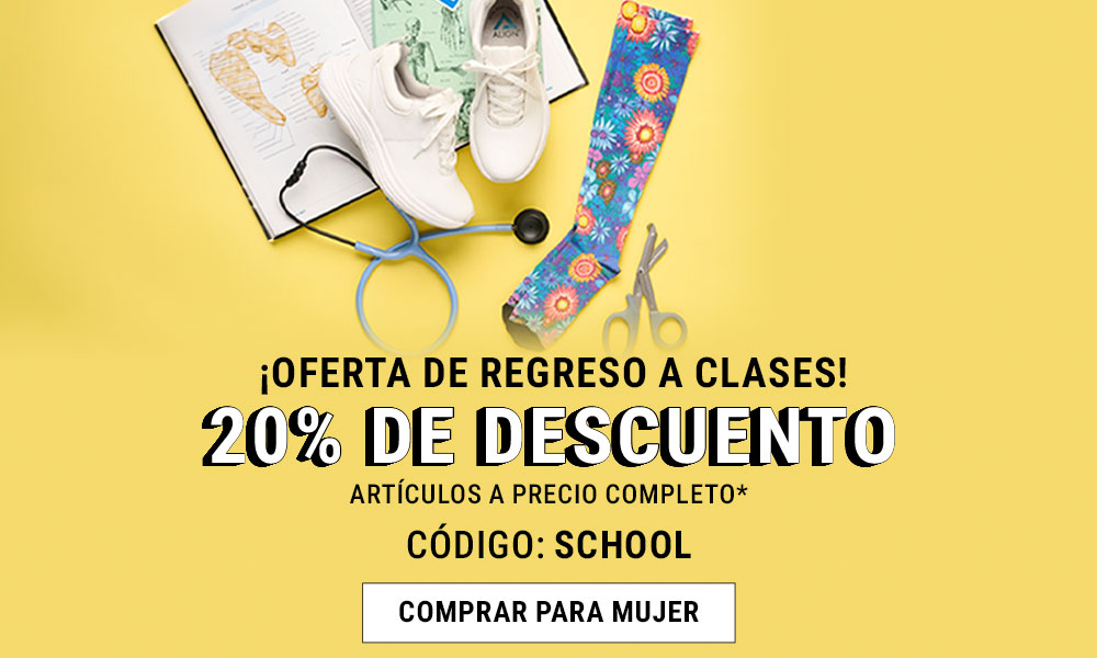 &iexcl;Oferta de regreso a clases! 20% de descuento. articulos a precio completo*. c&oacute;digo: school. comprar para mujer. Zapatos Align&trade; y calcetines de compresi&oacute;n rodeados de equipo de enfermer&iacute;a.