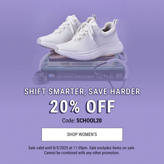 Shift Smarter, Save Harder. 20% Off. Code: School20. Shop Women's. Sale valid until 8/3/2025 at 11:59pm. Sale excludes items on sale. Cannot be combined with any other promotion. The Align™ Tulia sneakers sitting on top of medical books.