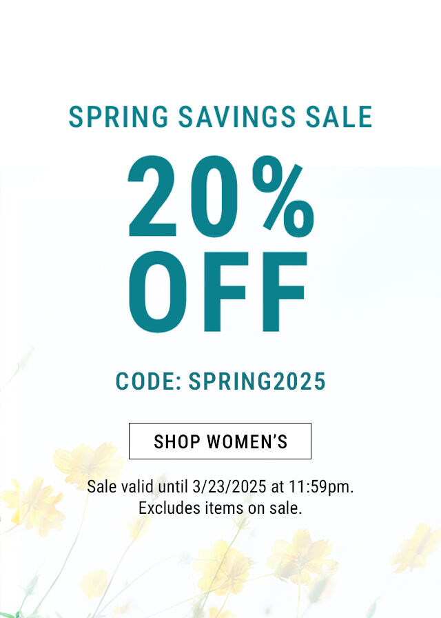 Spring Savings Sale 20% Off Code: SPRING2025. Shop women's. Sale valid until 3/23/2025 at 11:59pm. Excludes items on sale. Text on a photo of bright yellow flowers.