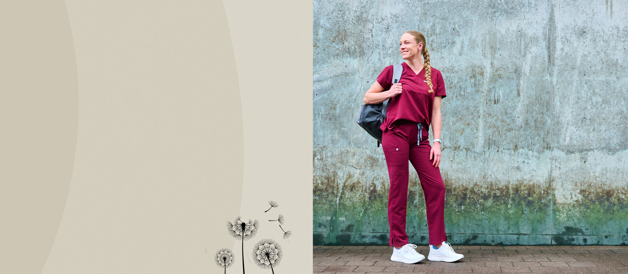 Ella is standing with the Ultimate Nursing Backpack on her shoulder, wearing the Align&trade; Tulia in white on her feet.