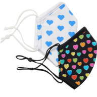 Ultimate Protective Masks shown in white with blue hearts and black with various colored hearts.