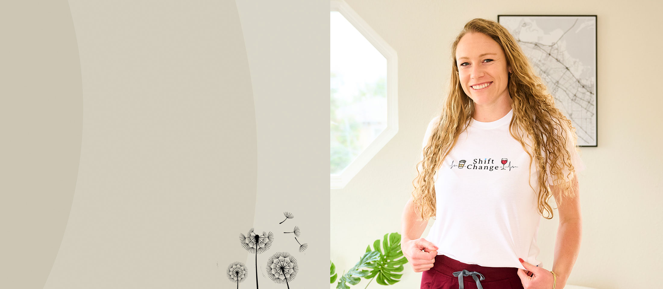 Ella is smiling at the camera, wearing the Shift Change Graphic T-Shirt.