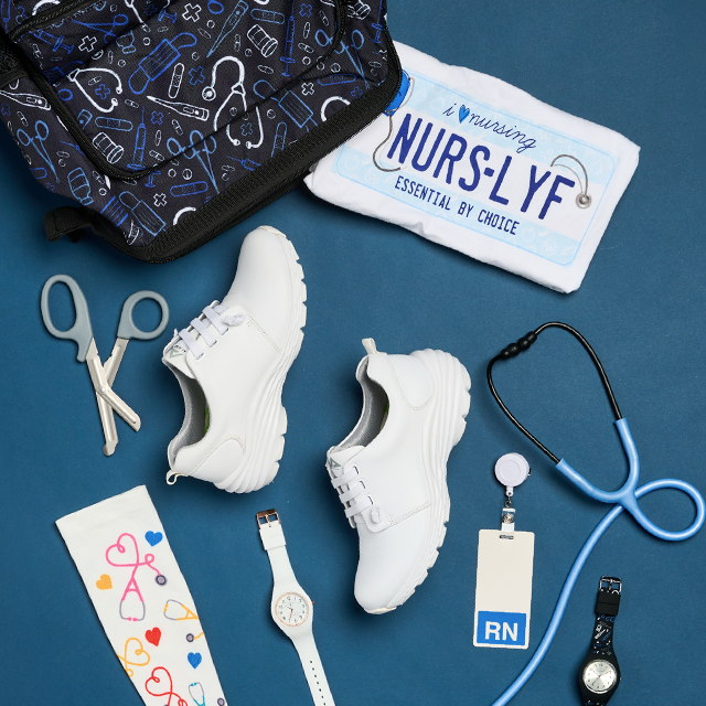 Group of products featuring shoes, a bag, watches, stethoscope, socks, scissors a t-shirt and an ID lanyard. 